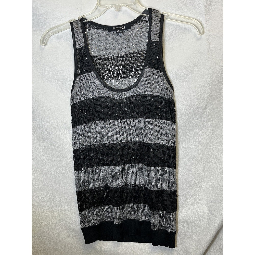 Forever 21 Sequin  Tank Top Women's Size S Black Sliver Striped Scoop Neckline